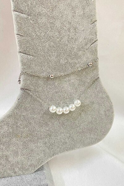 NKIE JEWELS خلخال خلخال فولاذي من الفولاذ ذو خمس لآلئ فضية اللون على شكل كرة ...