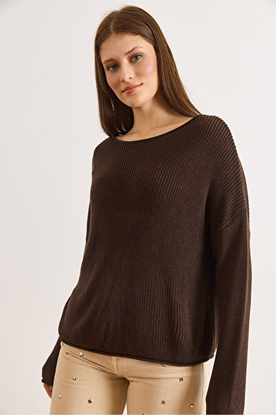 Olalook Women's Brown Boat Neck Lace-Like Knit Viscose Content Tok Knitwear S...