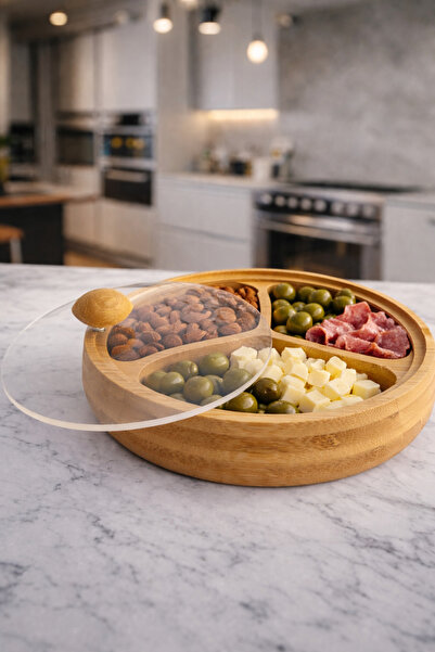 ASNA HEDİYELİK Bambu yuvarlak üç bölmeli kapaklı çerezlik kahvaltılık lüx sun...