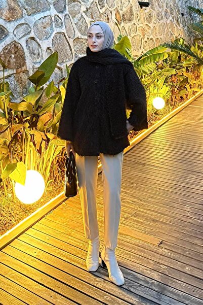 lamelif Beard Fabric Scarf Coat Black