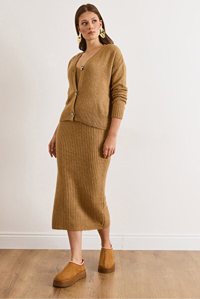 Olalook Women's Camel Cardigan Dress Soft Textured Suit Tkm-19000448