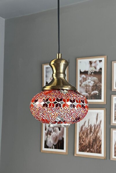 Bamyum Noura Mozaik-B Cam Tekli Avize Eskitme Tokmak Başlık Retro Sarkıt Lamb...