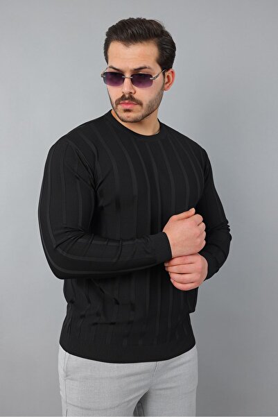 masso Men's Long Sleeve Crew Neck Self-Striped Knitwear