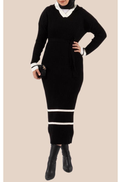 zem moda 🖤   Contrast Striped Detail Knitwear Long Dress