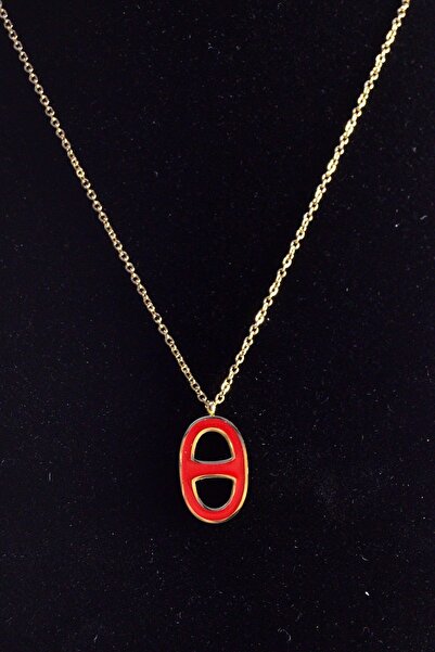 NKIE JEWELS قلادة من الفولاذ البيضاوي باللون الأحمر الذهبي - 2464