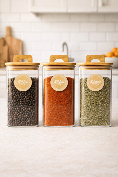 Kitchen Way Set of 3 Borosilicate 1500ml Square Jars with Bamboo Gasket Lid K...