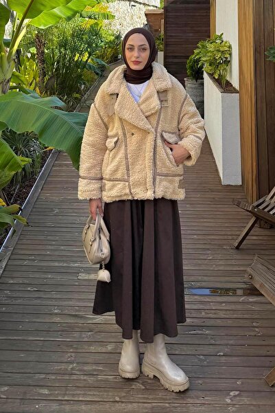 lamelif Piped Plush Coat Beige