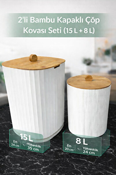 DrBambu 2’li Bambu Kapaklı Çöp Kovası Seti (15 L + 8 L)