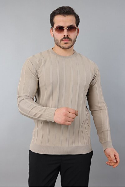 masso Men's Long Sleeve Crew Neck Self-Striped Knitwear