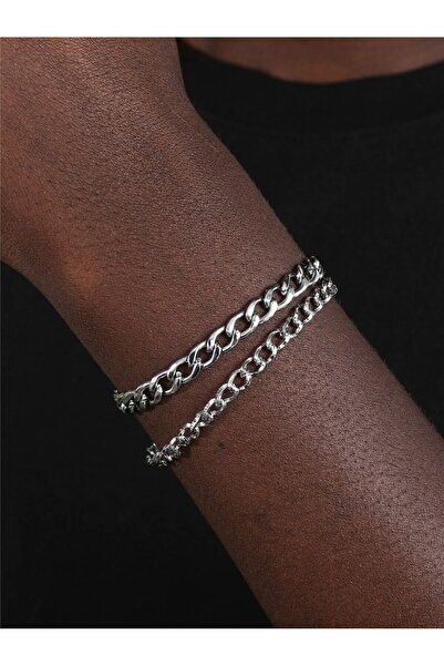 NKIE JEWELS Silver Color Unisex Thin and Thick Cadena Combination Bracelet - ...