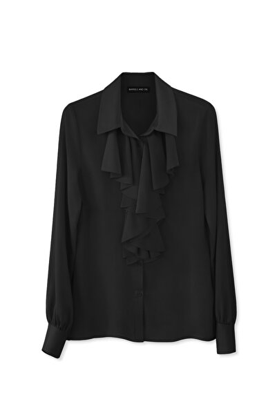 BARRELS AND OIL Women's Ruffled Front Long Sleeve Shirt - Black