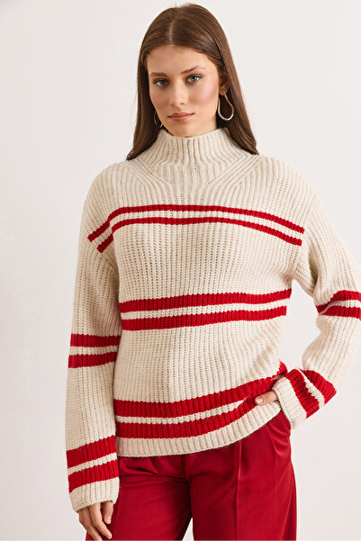 Olalook Women's Stone Red Mock Neck Striped Loose Fit Knitwear Sweater Kzk-19...