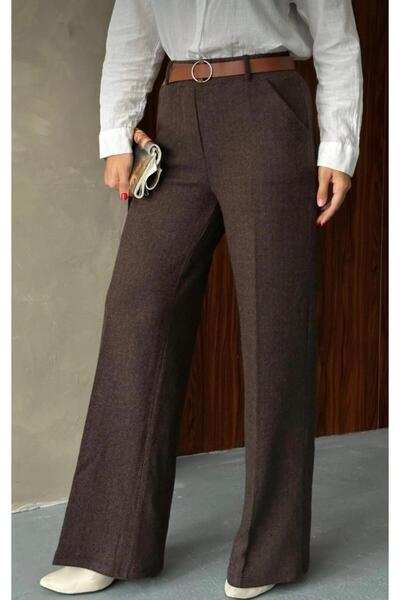 mor butik Women's Loose Wide Leg Dark Brown High Waist Jacquard Wide Leg Offi...