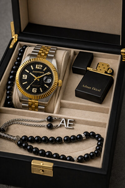 pierrose Erkek Altın Bezel Siyah Kadran Metal Kordon Kol Saati Bileklik Tesbi...