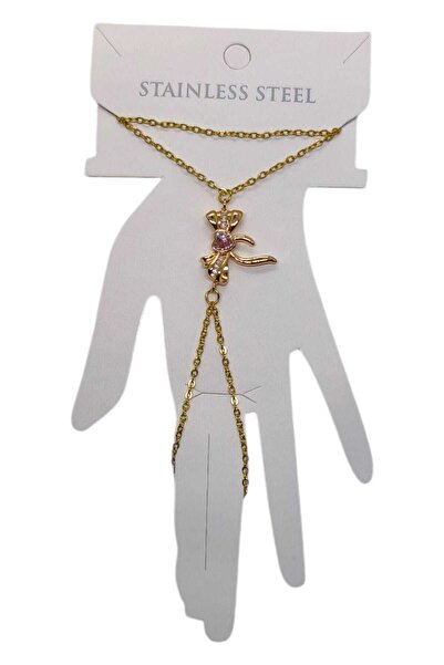 NKIE JEWELS Gold Color Pink Stone Bow Steel Shahmeran - 3549