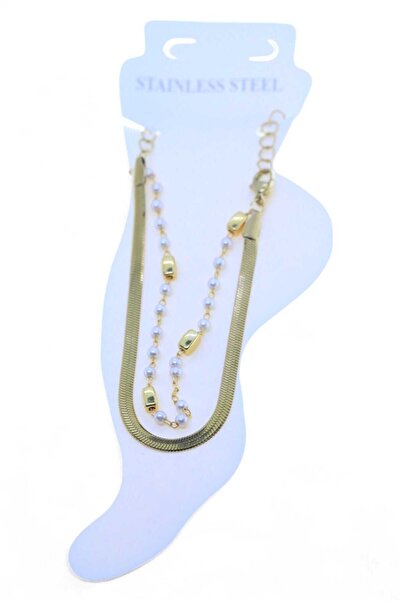 Tuncel Store خلخال من الفولاذ مستطيل اللؤلؤ الإيطالي باللون الذهبي - 3489