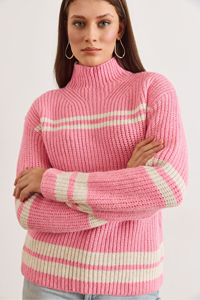 Olalook Pulover tricotat cu guler ridicat dungi roz pentru femei KZK-19001120