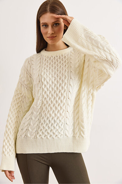 Olalook Women's Ecru Hair Braided Loose Fit Knitwear Sweater Kzk-19001119