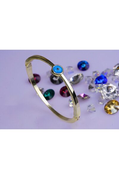 Tuncel Store Gold Color Evil Eye Stone Handcuff Bracelet 757