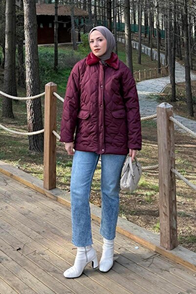 lamelif Fur Collar Puffer Coat Burgundy