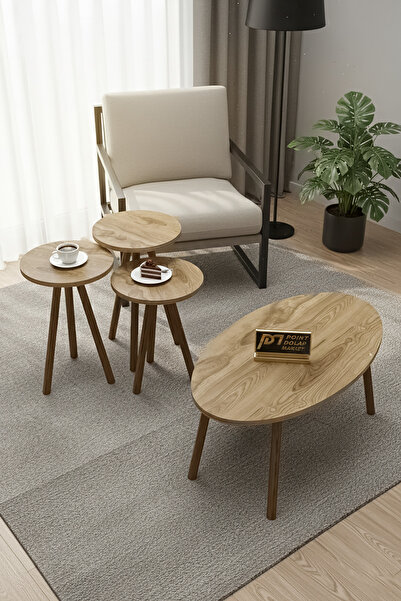 PDMPOİNT DOLAP MARKET Flora 3 lü Zigon Takımı Ve Elips Orta Sehpa - Ahşap Desen