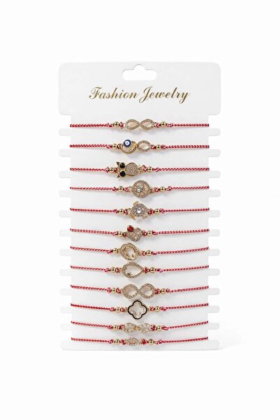 OEM Set de 12 brățări Mărțișor cu Simboluri de Protecție Aurii, Șnur Roșu Reg...