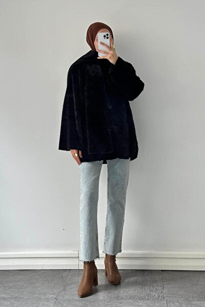 lamelif Plush Scarf Coat Black