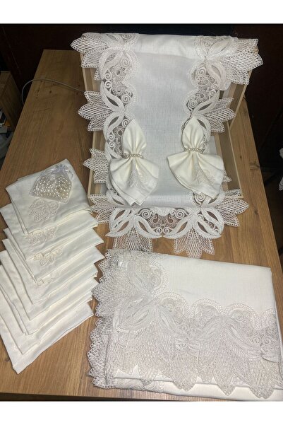 ART ÇEYİZ Lale Masa Örtüsü Takımı 12 Kişilik Linen Kumaş Sofra Takımı