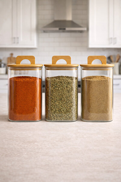 Kitchen Way Set of 3 Borosilicate 1200ml Square Jars with Bamboo Gasket Lid K...