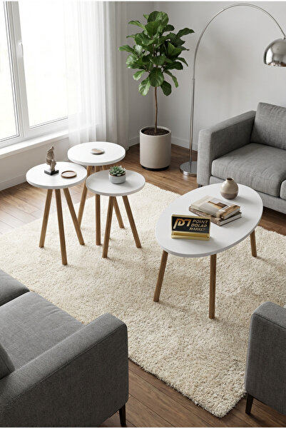 PDMPOİNT DOLAP MARKET Flora 3 lü Zigon Takımı Ve Elips Orta Sehpa - Beyaz