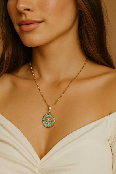 NKIE JEWELS قلادة من الفولاذ بسلسلة مصعد شمسية مستديرة باللون الأخضر اللون ال...