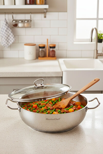 Masterchef 30 cm Basık Tencere – Paslanmaz Çelik, İndüksiyon Tabanlı, Cam Kap...