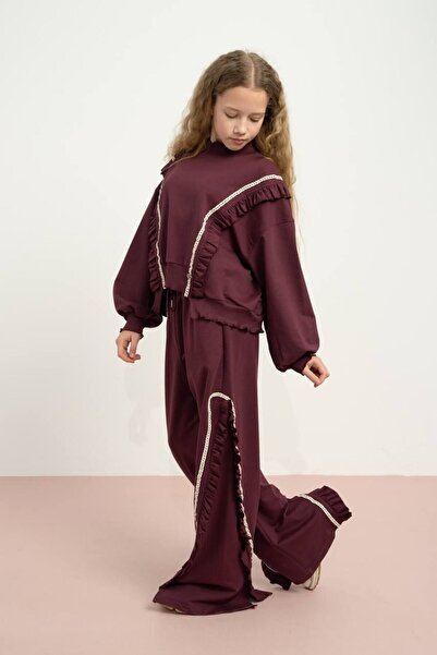 Butik 9-15 Years Old Ruffled Burgundy Color Young Girl Top and Bottom Set