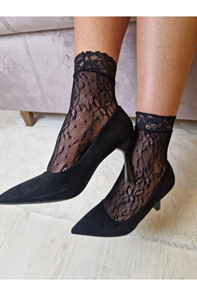 Divin store Women's black lace socks with floral pattern