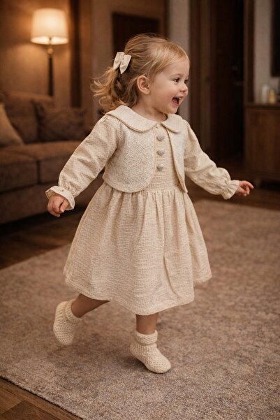 Babyhola 0-24 Months Waffle Woven Peter Pan collar Buttons Baby Girl Kids Dress