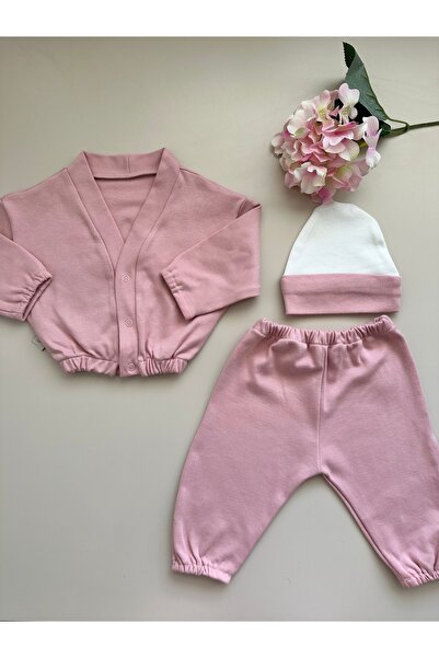 Mama Miel Baby Gül Kurusu Penye Ceket Pantolon Bere Takım - %100 Pamuk