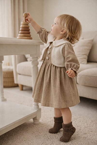 Babyhola 0-24 Months Waffle Woven Peter Pan collar Buttons Baby Girl Kids Dress