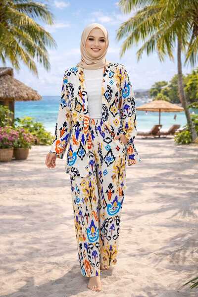 forte bella Patterned Top and Bottom Hijab Kimono Set