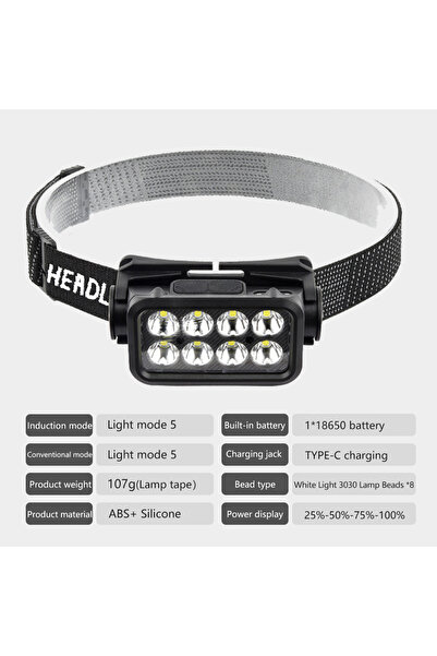 Choice مصباح رأس أسود مزود بـ 8 مصابيح LED يعمل بتقنية الاستشعار، قابل لإعادة...