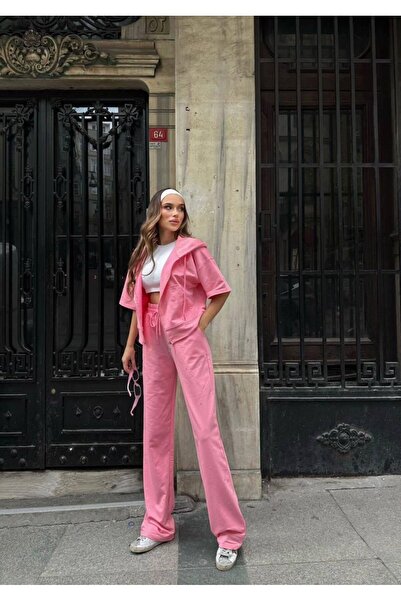 Ferte KADIN Fermuarlı Taşlı Kısa Kollu Eşofman Takımı