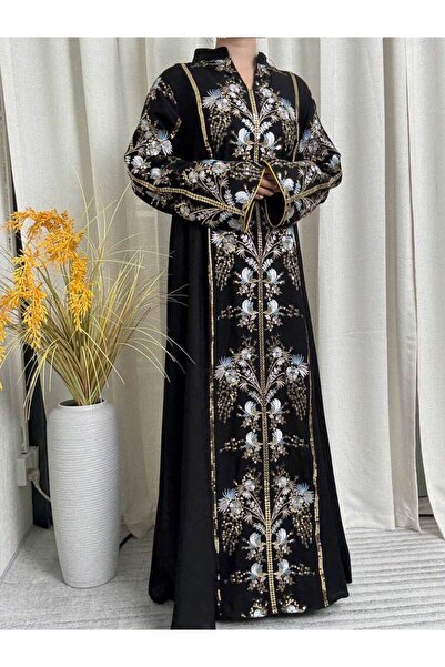 Choice XXL Black Black Muslim Abaya with Stand-Collar V-Neck Exquisite Blue-W...