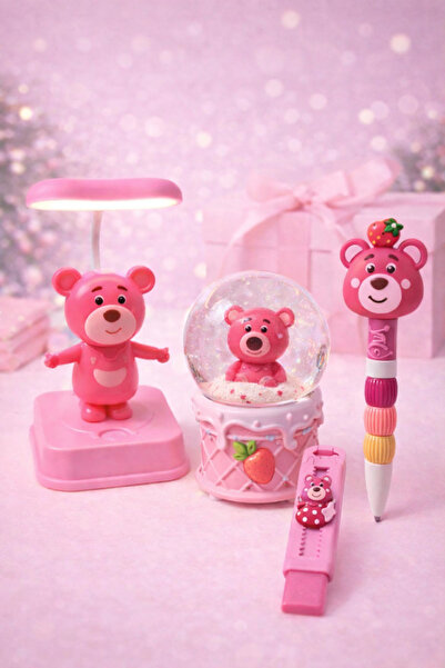 matheon Pembe Ayıcık Temalı Masa Lambası Kar Küresi Kalem ve Silgi Seti