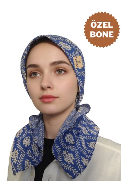 Tergek Elastic Bandana Blue Ecru Patterned Women's Practical Daily Sports Doctor Nurse Hospital Chemotherapy Headscarf