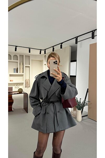 Sezgi Tekin Allerli Leather Belt Detail Melange Gray Trench