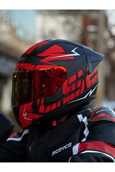 LS2 RAPID 2 CROMO MAT SİYAH-KIRMIZI KASK-KIRMIZI VİZÖR-SPOİLER (ÇİFT VİZÖRLÜ)