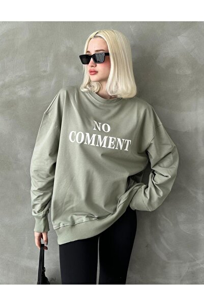 Madmext Navy Blue Crew Neck Printed Oversized Women's Sweatshirt Mg1902