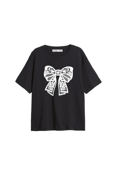 CİNEMA MODA Lace Ribbon Printed Relaxed Fit Black Women's Tshirt