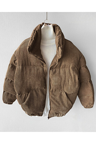 NO1 KONSEPT معطف مخملي بياقة صياد بلون بني فاتح قماش مجدّل قابل للنفخ