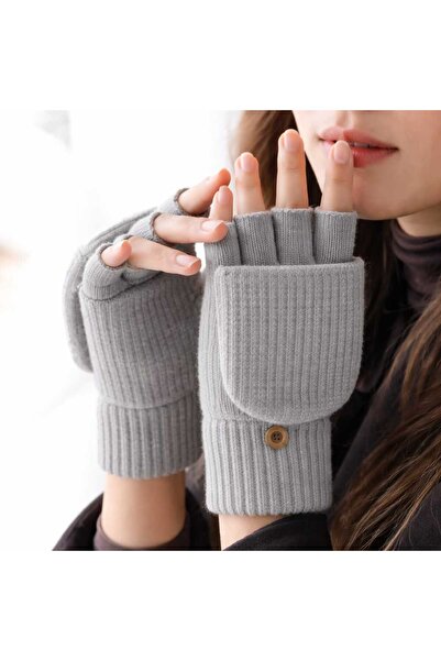 gigigiyim Düz Renk Kapaklı Yarım Parmak Örgü Kadın Eldiven