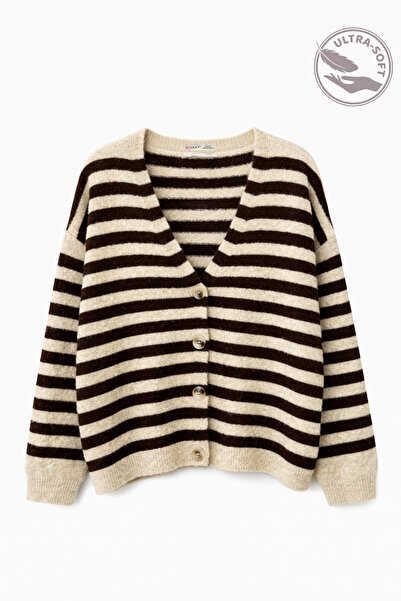 Mixray 7017 women's wool blend Oversized striped knit cardigan - stone